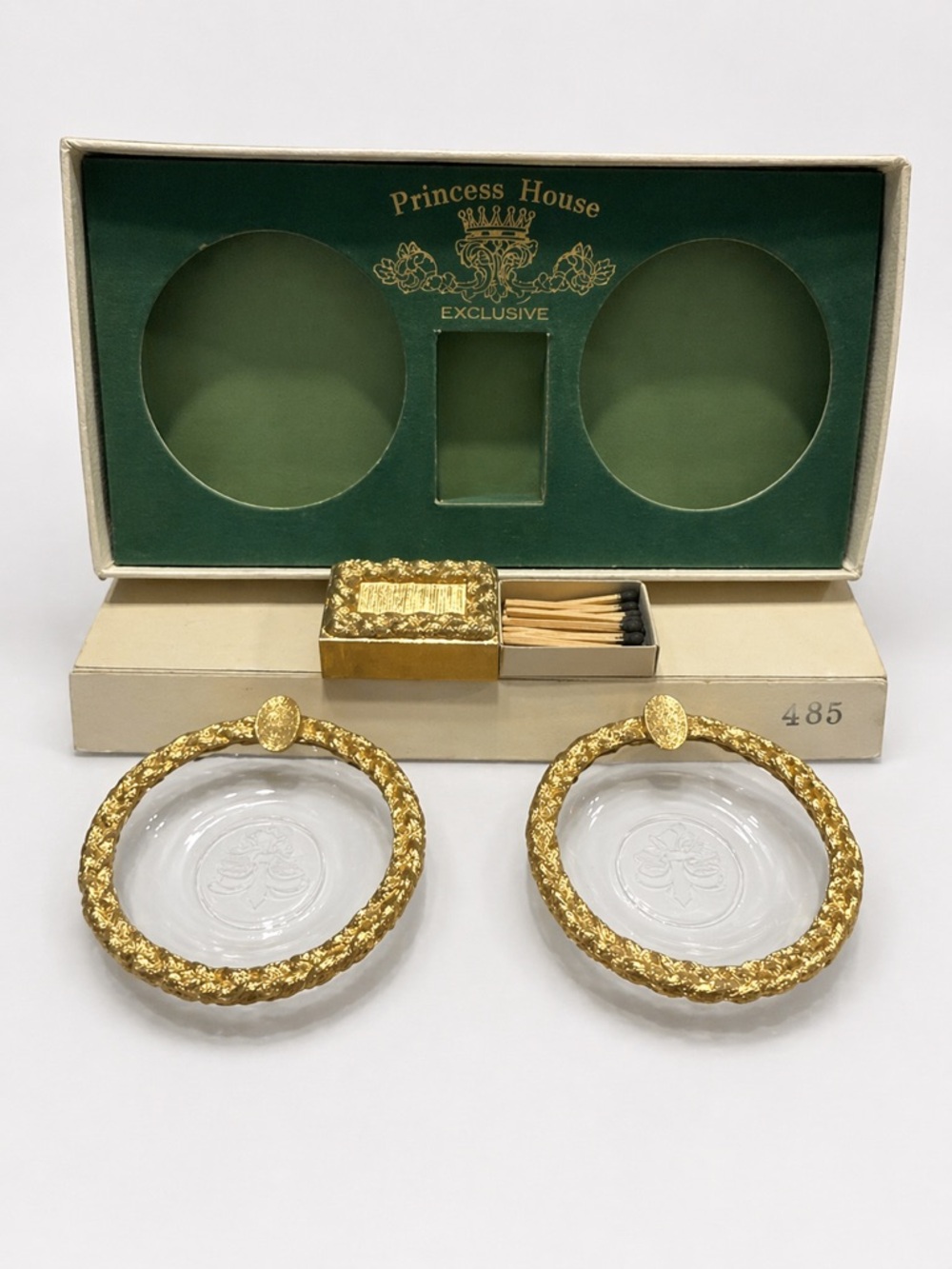 Vintage Princess House Crystal Ashtray Set w/ Gold Trim & Match Holder • Boxed